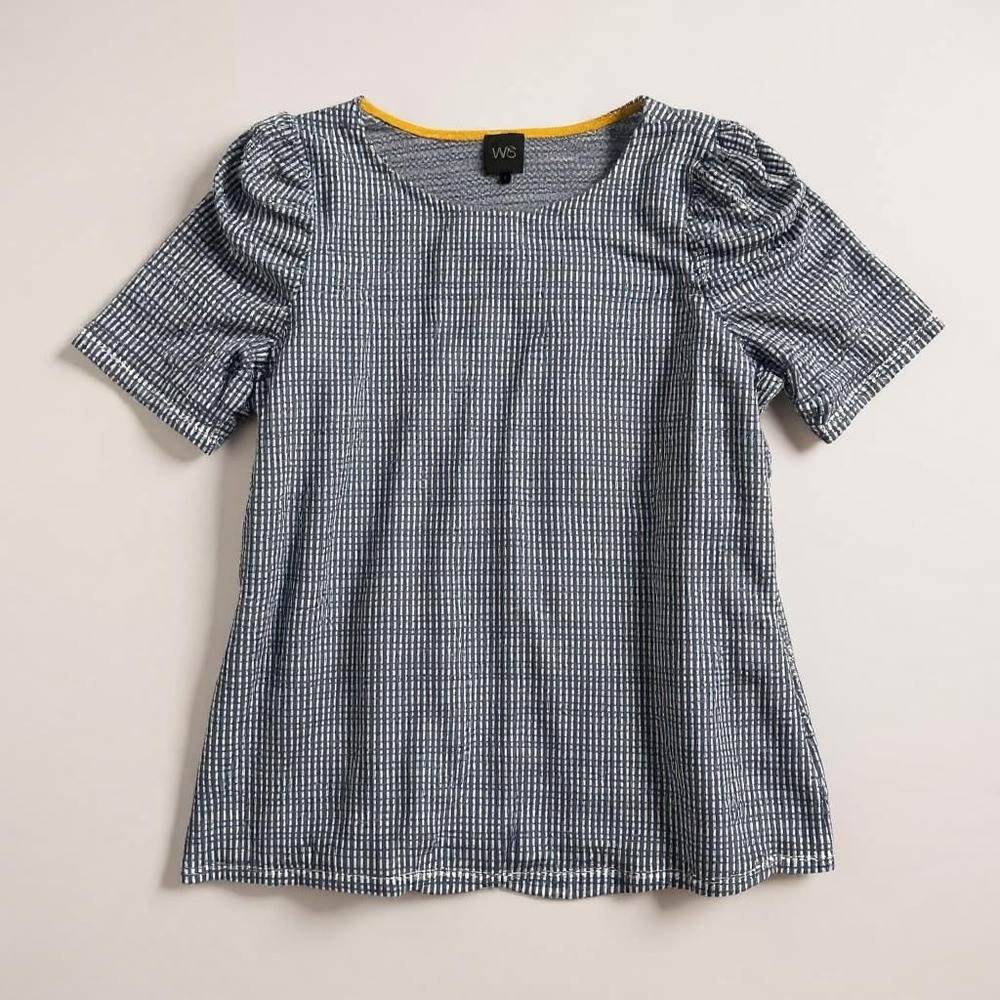 W5 Women's Blue White Textured Puff Sleeve Top Blouse Size L